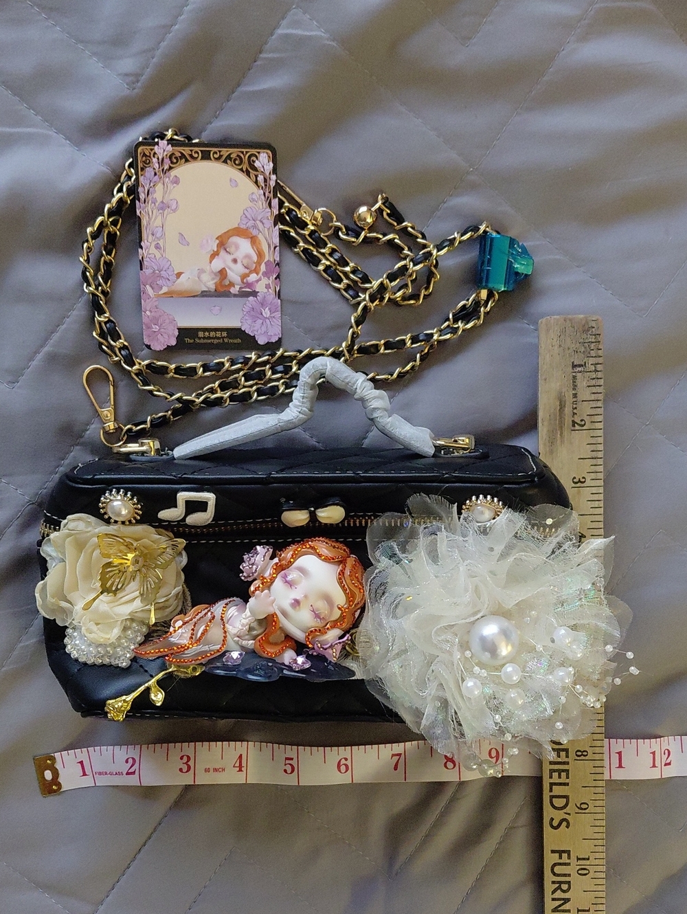 Pop Mart & Skull Panda BlackChain Handle Bag With Floral  Embellishments